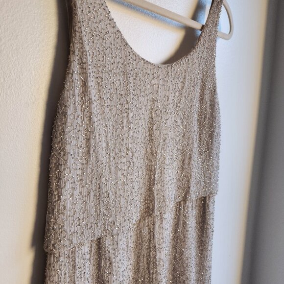 Sz4 Alice + Olivia Beaded Silk Blouson Mini Dress in Silver Gray - Picture 2 of 15